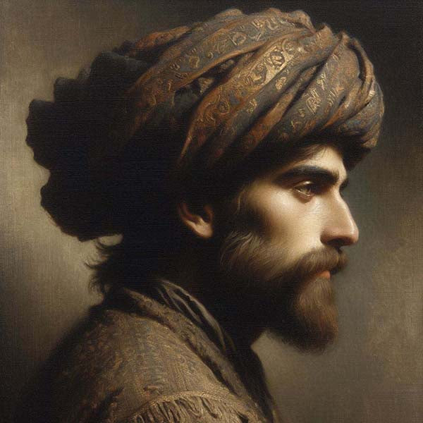 A digital portrait of a man with a contemplative expression, featuring a detailed, patterned turban and a traditional embroidered garment, reminiscent of historical Middle Eastern attire. The man's beard is well-groomed, and his gaze is directed slightly upward, giving a sense of introspection or quiet resolve. The lighting accentuates the textures of his turban and the subtle shadows on his face, against a dark, nondescript background.