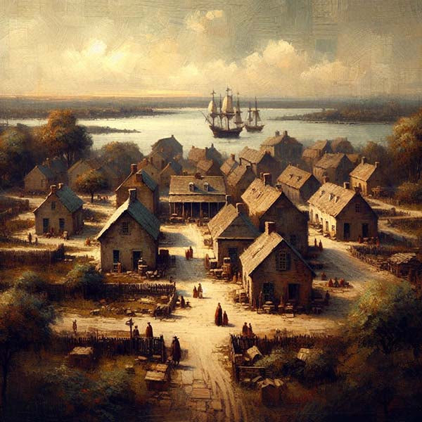 Digital painting capturing the bustling life and architectural beauty of a town in the Colonial United States, with detailed depiction of cobblestone streets and period buildings