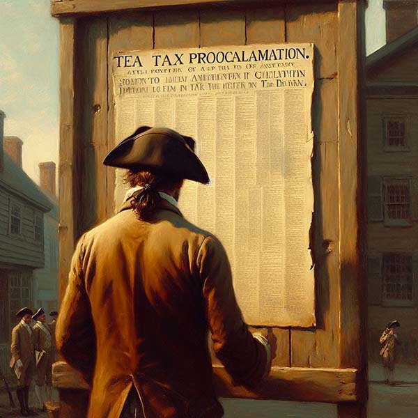 Evocative digital painting depicting a pivotal moment in colonial America, with agitated colonists protesting the Tea Tax, symbolizing the brewing rebellion against British rule.