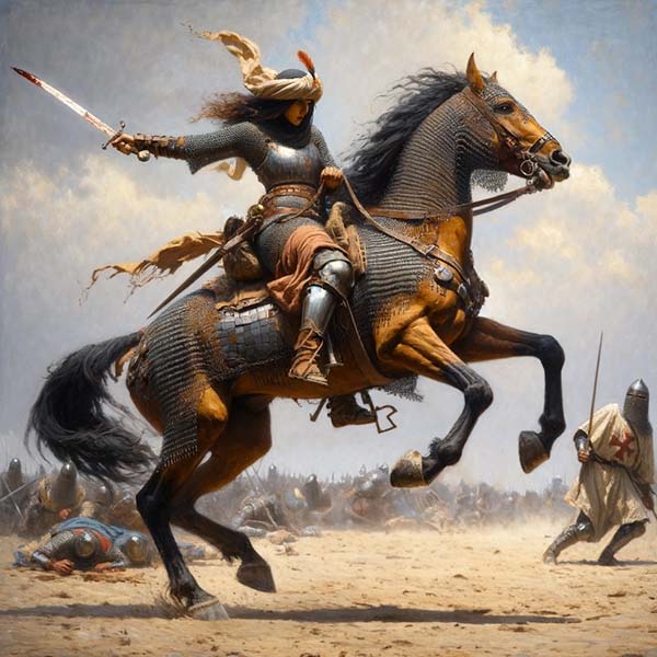 Digital painting of Umm Hakim's heroic stand at the Battle of Marj Al-Saffar, capturing the essence of bravery and historical significance