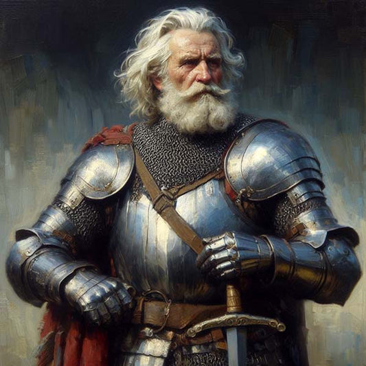 Digital painting of an aged knight in reflective armor, exuding wisdom and valor from years of gallantry.