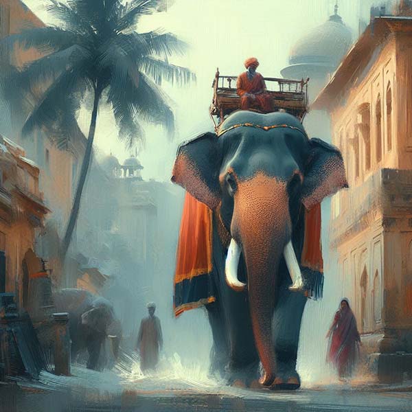 Digital painting of a decorated elephant with a mahout on top, walking through the misty streets of a historical Indian city, surrounded by palm trees and colonial architecture.