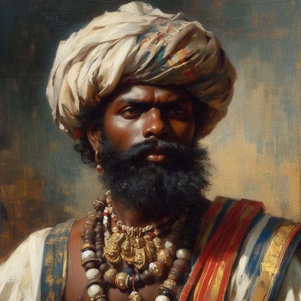 Digital painting of a historical Tamil sailor with a stern expression, wearing a turban and traditional jewelry, epitomizing the seafaring culture of ancient Tamil Nadu.