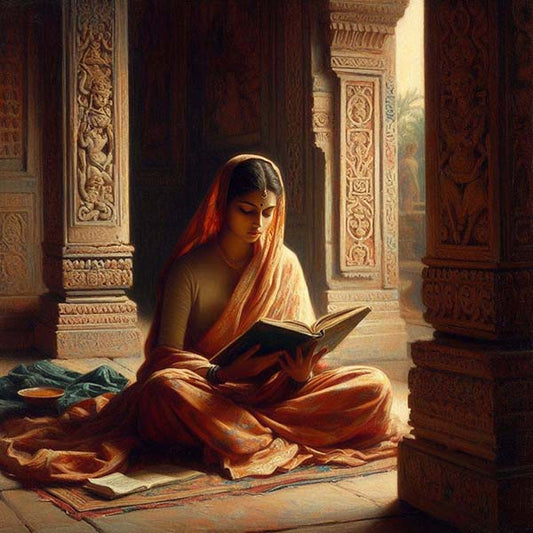 A serene digital painting of an Indian woman in an orange saree, absorbed in reading a book, with traditional architecture and carvings in the background