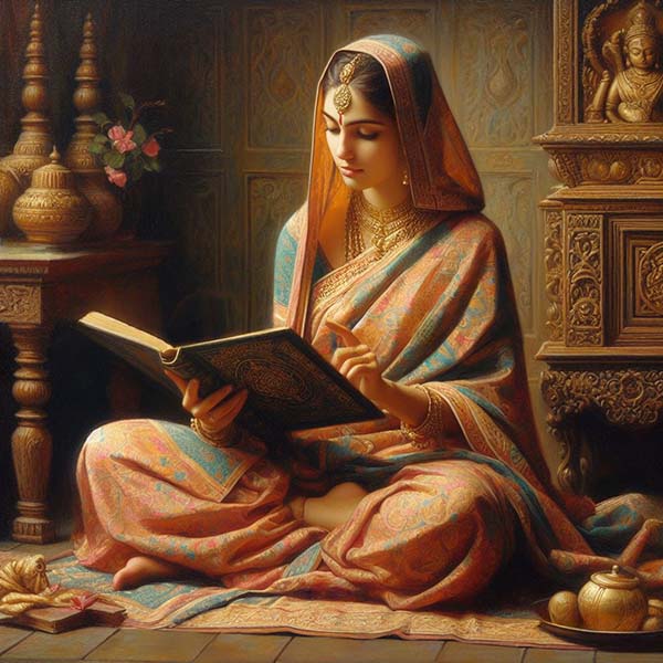 Digital painting of an Indian princess in colorful traditional attire, reading a book with intense concentration, amidst a backdrop of rich cultural decor.
