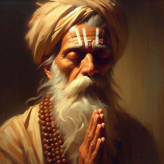 Digital painting of an elderly Indian sage with a serene expression, white beard, and traditional forehead markings, wearing a turban and prayer beads, with hands clasped together in a gesture of prayer or greeting.