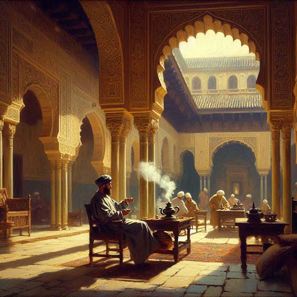 Digital Art of a Tea Courtyard Scene in the Emirate of Cordoba During the Islamic Golden Age