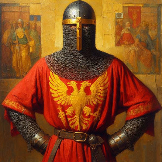A digital depiction of a Byzantine Empire knight in full regalia, featuring the symbolic double-headed eagle heraldry, representing imperial power and nobility