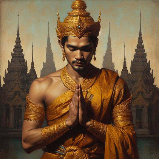 A solemn digital painting depicting a Thai man in a traditional golden outfit and headdress, with hands clasped in a 'wai' gesture of respect, against the backdrop of ornate temple spires.