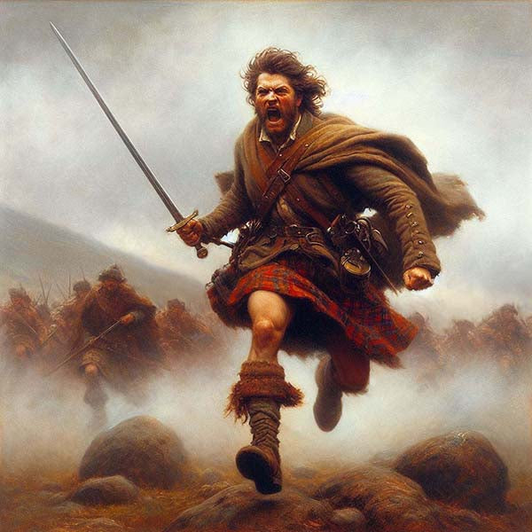 Dynamic digital painting of the Highland Charge, showcasing Scottish clans in the heat of battle with vibrant colors and dramatic detail