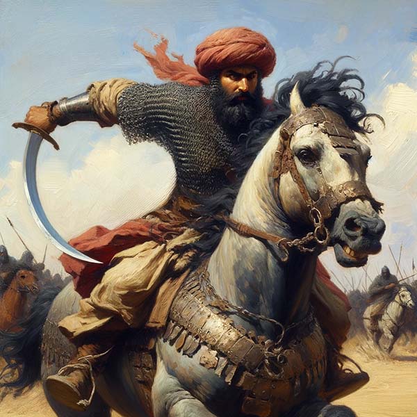 Digital painting of an Arab warrior in traditional armor charging on a white horse, brandishing a scimitar, with a dynamic backdrop illustrating the heat of battle.