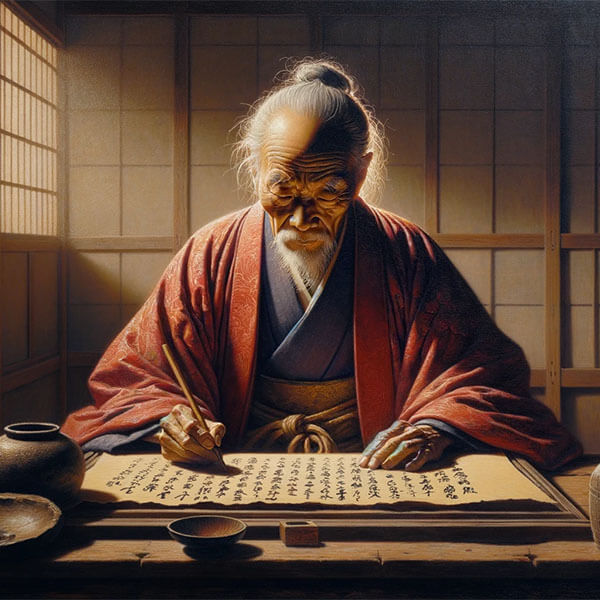 Digital Artwork of a old Japanese man with kimono writing on a scroll.