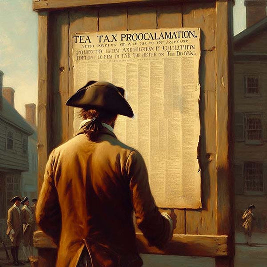 Evocative digital painting depicting a pivotal moment in colonial America, with agitated colonists protesting the Tea Tax, symbolizing the brewing rebellion against British rule.