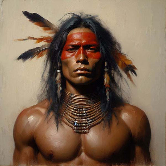Striking digital painting of a Native American warrior in traditional attire, standing resolute with a look of determination, embodying the strength and spirit of indigenous cultures