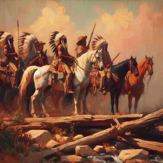 Vivid digital painting of Native American warriors on horseback, charging across the plains with strength and agility, capturing the essence of their legendary prowess and deep connection with their horses