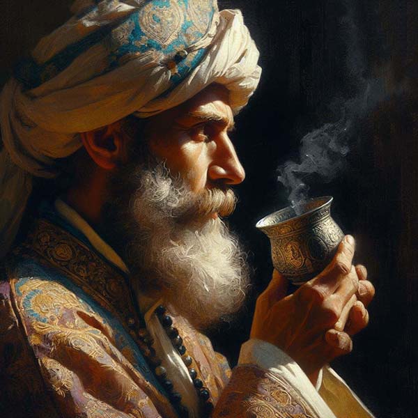 Digital painting of a contemplating Arab scholar drinking tea, encapsulating a serene moment of reflection