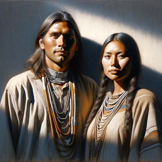 Digital painting of a Native American couple in traditional attire, sharing a tender moment, symbolizing their deep connection and the rich cultural heritage they embody