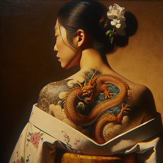 A digital painting of a woman in profile with a serene expression, her traditional attire falling gently off her shoulder to reveal a vibrant and detailed dragon tattoo, symbolizing strength and mysticism. Her hair is elegantly styled with white flowers, adding to the serene and powerful aesthetic of the composition.
