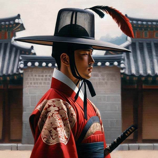 Vibrant digital painting of a Joseon Dynasty guard clad in striking red armor, standing resolute with a traditional Korean spear, embodying the spirit of protection and loyalty