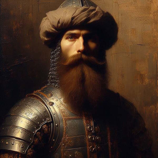 Digital painting displayed on a wall-mounted frame, featuring Mehmed the Conqueror in detailed armor, with a contemplative expression, accentuated by the dramatic interplay of light and shadow, encapsulating the grandeur of the Ottoman era
