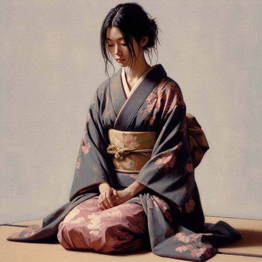 Digital painting of a Japanese woman in traditional kimono, showcasing cultural elegance and artistic beauty.