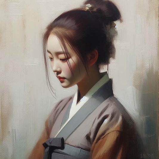 Digital artwork of a girl in traditional Hanbok from Korea's Joseon Dynasty, showcasing historical elegance and cultural heritage.