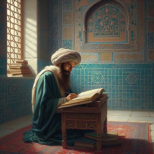 Digital painting of a bearded scholar in traditional attire deeply engrossed in reading a large book, seated on the floor of a room adorned with intricate Islamic art and architecture, with sunlight filtering through the window