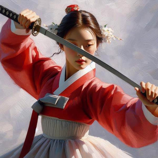 A digital painting of a kisaeng performing a traditional Korean sword dance, dressed in a flowing red hanbok, capturing her dynamic movement and the elegant lines of her dance.