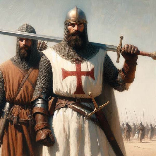 A digital painting of two medieval knights, one wearing a white surcoat with a red cross, symbolizing the Templars, holding a sword shoulder-high, and another in chainmail armor, both poised for battle on a dusty field, exuding a sense of historical valiance and readiness.