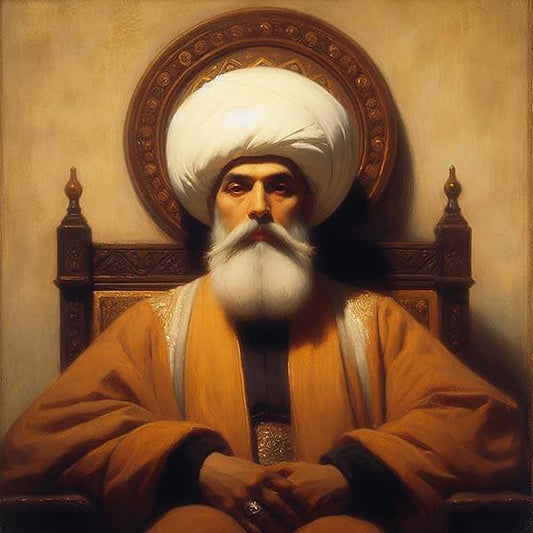 A digital painting of an Ottoman Sultan in regal attire, seated with a commanding presence, his gaze intense and thoughtful. He is adorned with an intricate white turban and a luxurious robe, set against the backdrop of an ornate wooden throne and architectural details that reflect the grandeur of the Ottoman era.