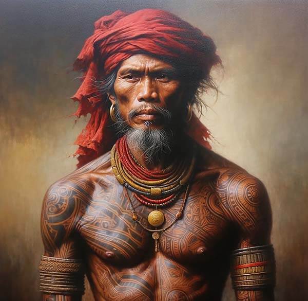 A digital painting portrays an indigenous man with a weathered countenance and piercing gaze. He wears a red headwrap and is adorned with traditional tribal necklaces and intricate body tattoos that cover his chest and arms, reflecting a deep cultural heritage and personal identity.