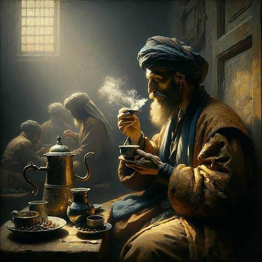 A digital painting captures the tranquil ambiance of a traditional Middle Eastern tea house. A bearded man in a turban sits in the foreground, savoring the aroma of his tea, illuminated by a shaft of light coming through the window, while others engage in quiet conversation in the softly lit background. The scene evokes a sense of timeless peace and cultural tradition.