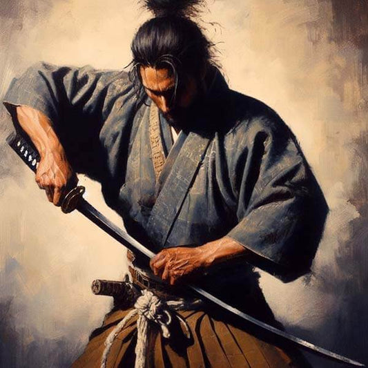 Digital art of a samurai in the act of unsheathing his katana blade, symbolizing the blend of precision, honor, and the readiness for battle inherent in samurai culture