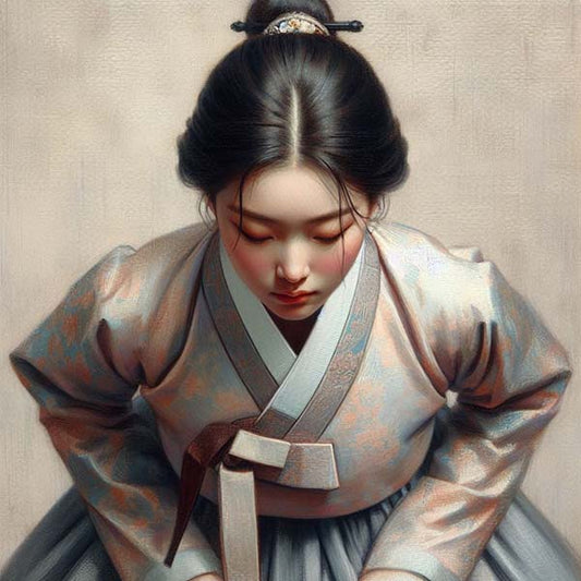Digital painting of a Joseon era woman elegantly bowing in a traditional hanbok, symbolizing respect and cultural heritage
