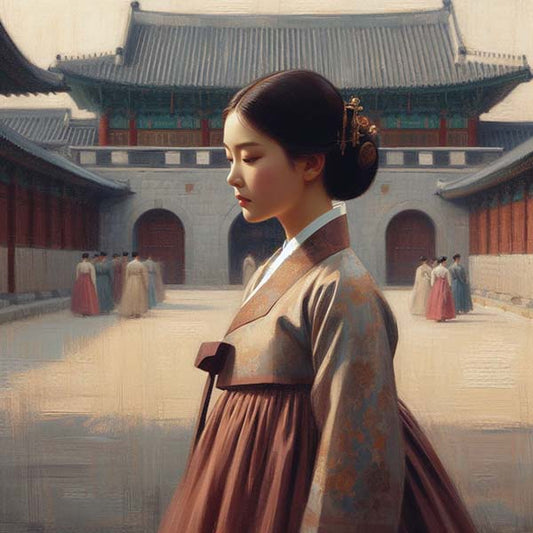 Digital artwork of a Joseon Dynasty lady at court, showcasing her traditional hanbok and the regal elegance of Korea's historic royal culture