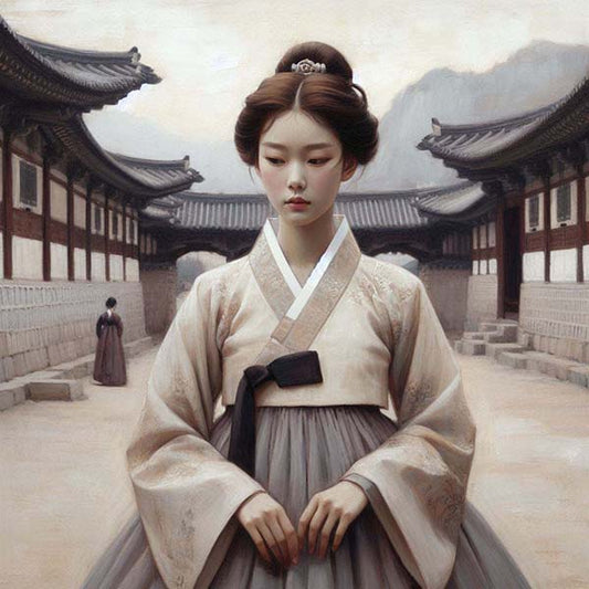 Digital artwork depicting a Korean woman in traditional hanbok attire within the picturesque setting of a historic village, highlighting Korea's rich cultural heritage