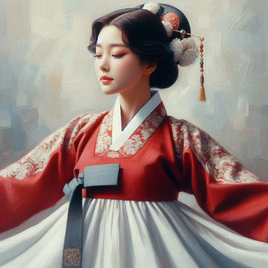 Digital artwork of a Joseon Dynasty lady wearing a traditional red hanbok, symbolizing the elegance and rich cultural heritage of Korea.