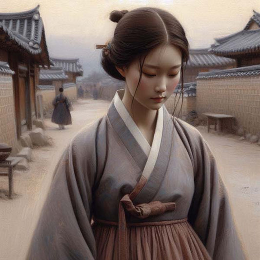 Digital artwork depicting a young girl in a traditional Joseon village, showcasing the rustic charm and cultural heritage of historical Korea