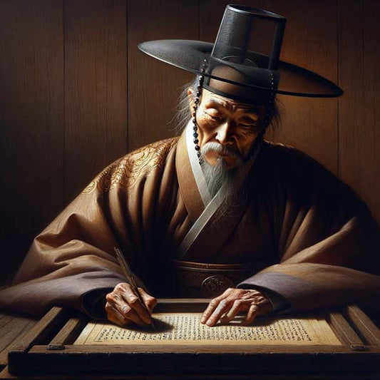 Digital artwork depicting an elderly Joseon Dynasty scholar deeply immersed in his writing, symbolizing the rich intellectual and cultural heritage of ancient Korea