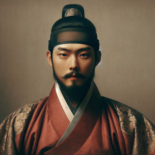 Digital painting of Sejong the Great showcasing his regal bearing and visionary leadership, set against a historically inspired backdrop