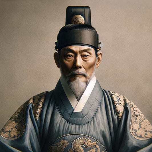Digital artwork of Taejo of Joseon, capturing the founder's authoritative presence and visionary leadership against the backdrop of early Joseon Dynasty
