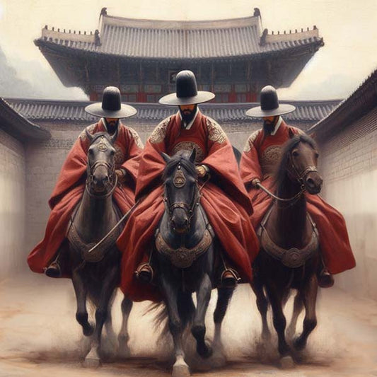 Dynamic digital painting of the Three Royal Riders of Joseon, depicted in full regalia on horseback, symbolizing their strength and leadership during Korea's Joseon Dynasty