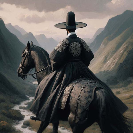 Stirring digital depiction of the Joseon Rider in Black, shrouded in mystery and draped in the darkness of night, symbolizing the enigmatic presence within Korean history