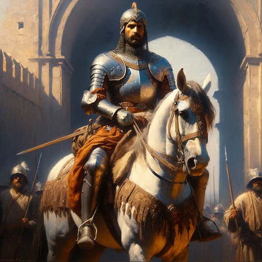 Digital painting of a medieval knight clad in armor, mounted on a white horse, with a sunlit citadel archway in the background
