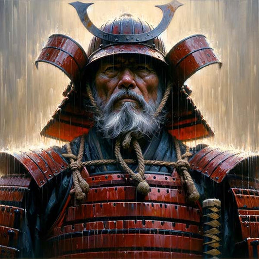 Old Samurai Warrior in Red Armor in the Rain Digital Artwork