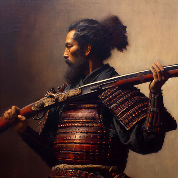Digital painting of a samurai warrior wielding an arquebus, highlighting the blend of traditional samurai culture with the advent of gunpowder weaponry in feudal Japan