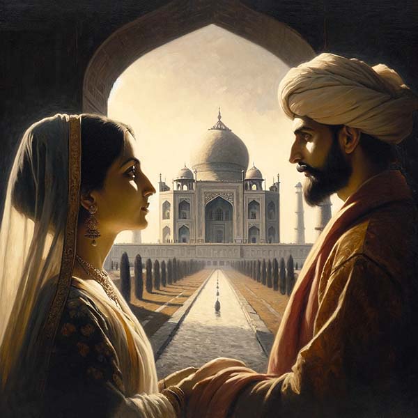 Digital painting of Mumtaz Mahal and Shah Jahan standing in front of the Taj Mahal, symbolizing their historic love and the monument's grandeur.